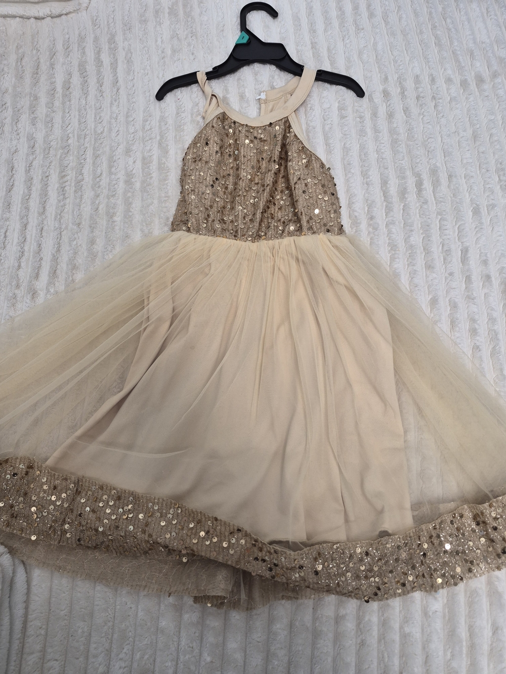 Girls Champagne Sequin Party Dress with Tulle Skirt & Halter Neck